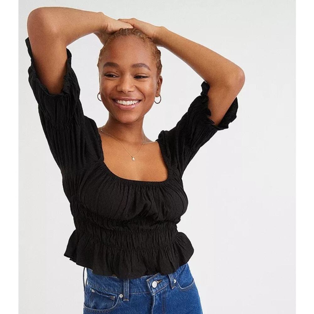 Urban Outfitters UO Kate Smocked Ruffle Crop Top Blouse Womens Size S Black